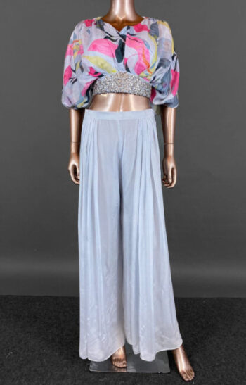 Women's V-Neck Floral Print Georgette Crop Top and Wide-Leg Pants Set