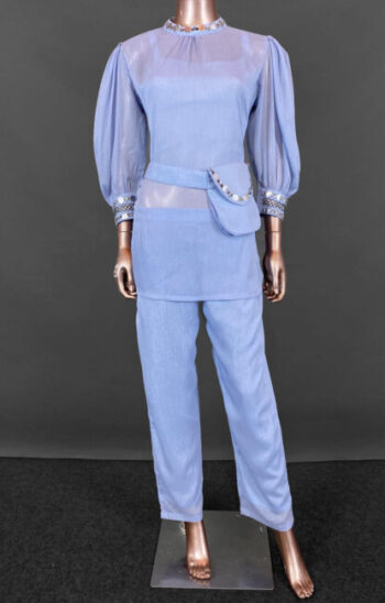 Soft Blue Crushed Georgette Shirt with Hand Embroidery, Inner, Belt Clutch, and Lined Pants