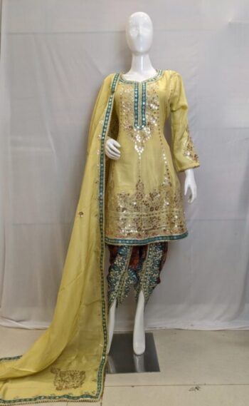 Elegant golden and blue salwar kameez with heavy embroidery